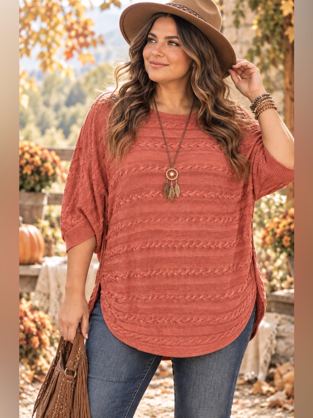 Lauren Ralph Lauren Rust Dusty Rose Boho Cable Knit Dolman Sleeve Sweater Top 3X